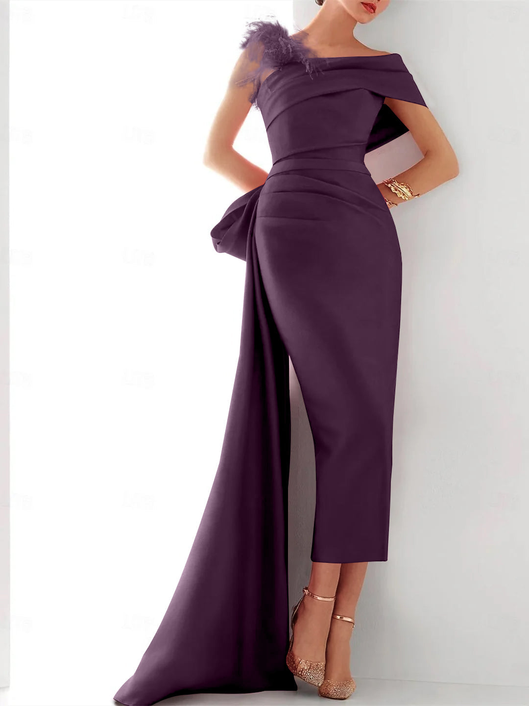 Elegant Satin Formal Gown with Feather Bow(s) One Shoulder Sleeveless Sheath Column and Sweep Brush Train