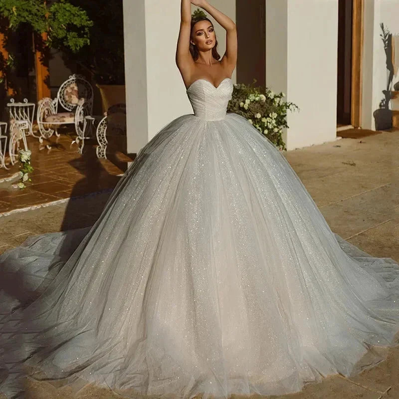Elegant Saudi Arabia Shiny Wedding Dress Ball Gowns Glitter Tulle Sweetheart Bride Dresses Robe De Mariee Wedding Gowns 2023 (ZD14014) - VelvetHem