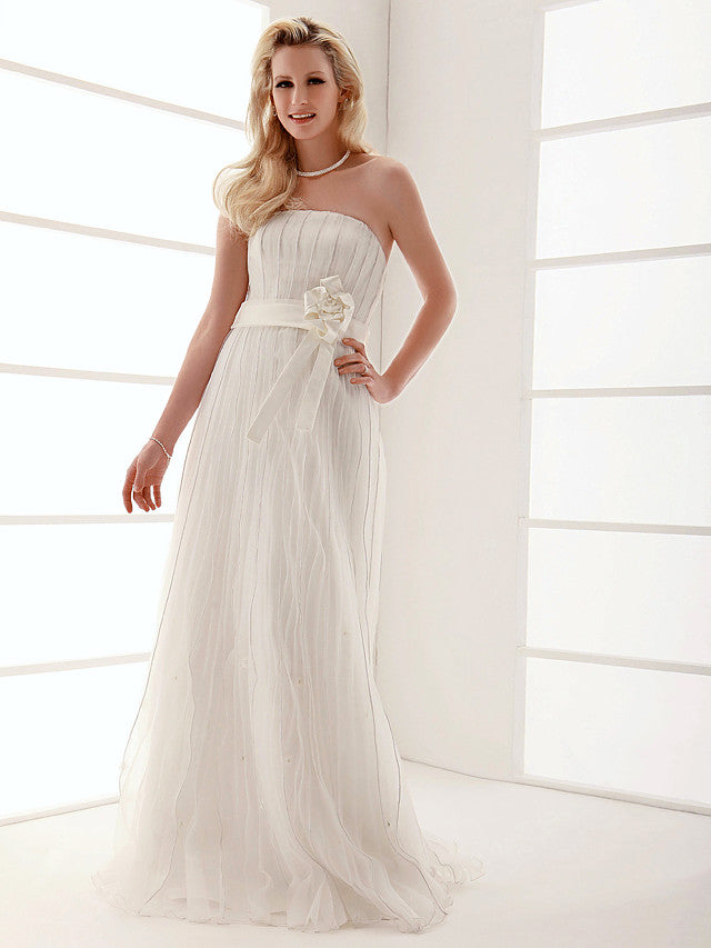 Elegant Sheath Wedding Dresses Strapless Organza Sleeveless Bridal Gowns On Sale