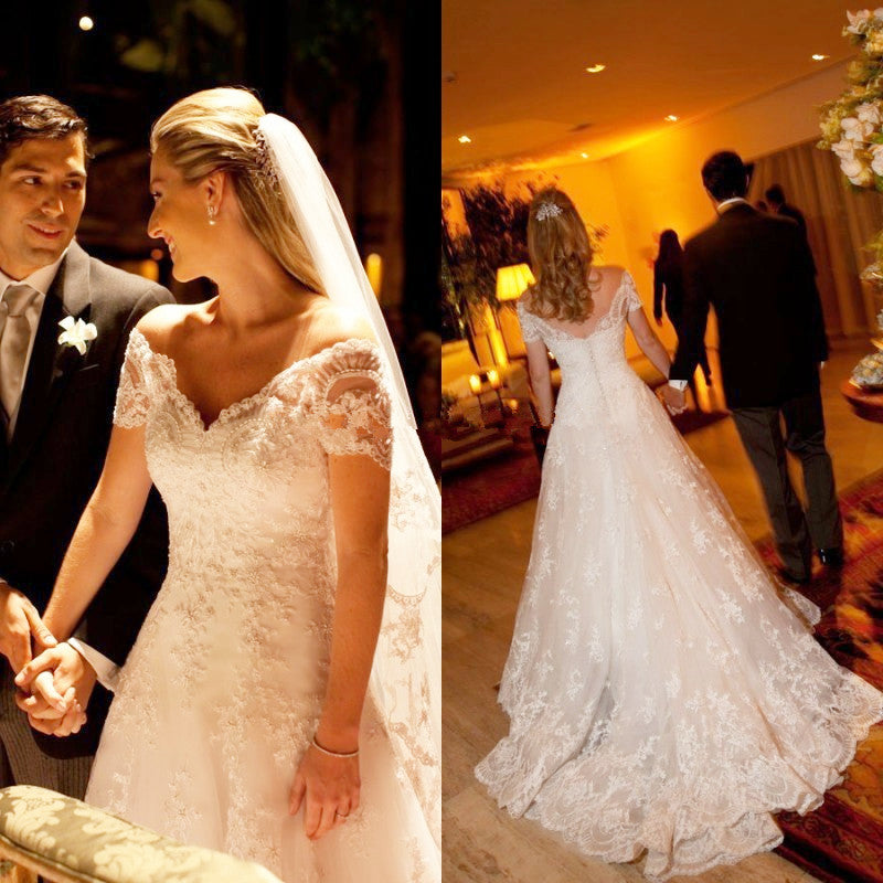 Elegant Short Sleeve White Lace Wedding Dress A-Line Sweep Train  Formal Bridal Gown