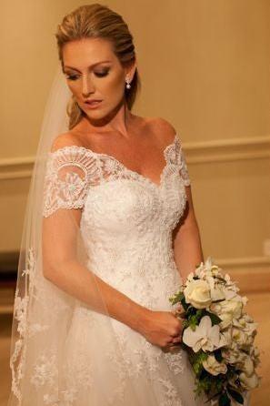 Elegant Short Sleeve White Lace Wedding Dress A-Line Sweep Train  Formal Bridal Gown