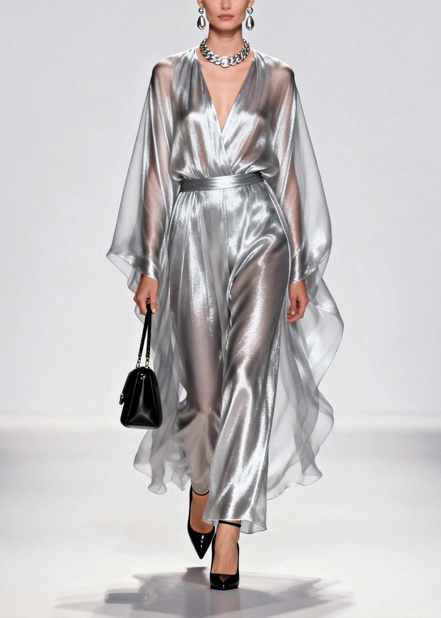 Elegant Silvery Tunic Draping Chiffon Long Dress Summer