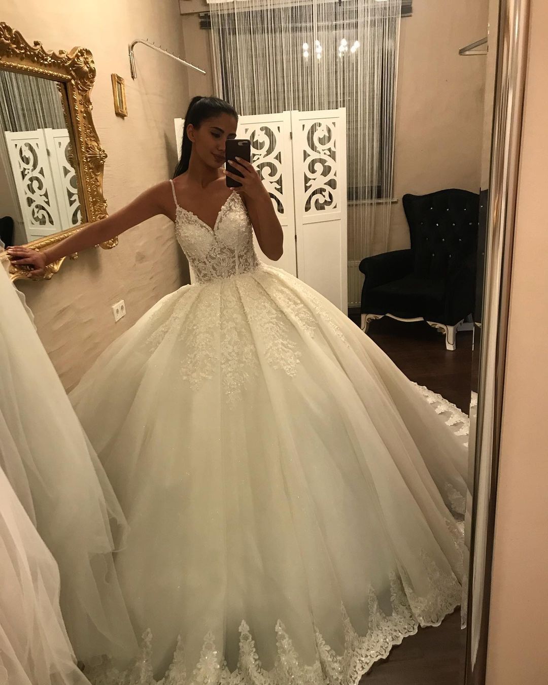 Elegant Spaghetti Straps Hollow Lace A-line Ball Gowns with Appliques