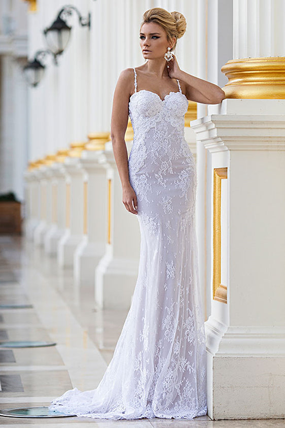 Elegant Spaghetti Straps Lace Wedding Dresses  Mermaid Sweep Train Bridal Gowns