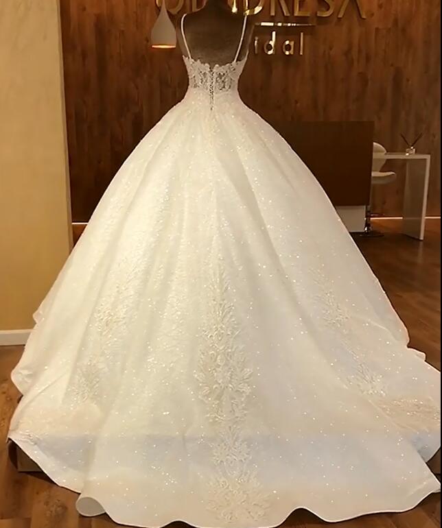 Elegant Spaghetti Straps Lace Wedding Dresses  | Sequins Sleeveless Bridal Ball Gown