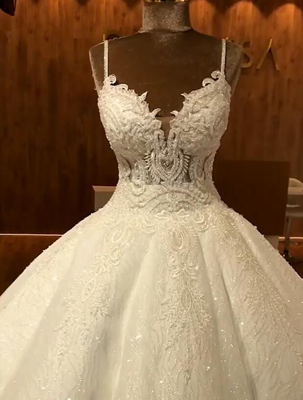 Elegant Spaghetti Straps Lace Wedding Dresses  | Sequins Sleeveless Bridal Ball Gown