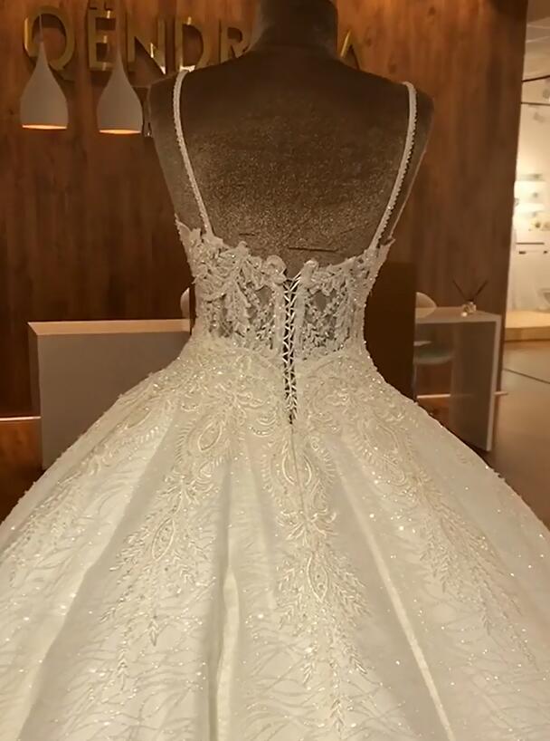 Elegant Spaghetti Straps Lace Wedding Dresses  | Sequins Sleeveless Bridal Ball Gown