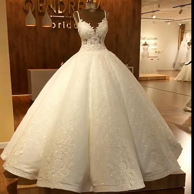 Elegant Spaghetti Straps Lace Wedding Dresses  | Sequins Sleeveless Bridal Ball Gown