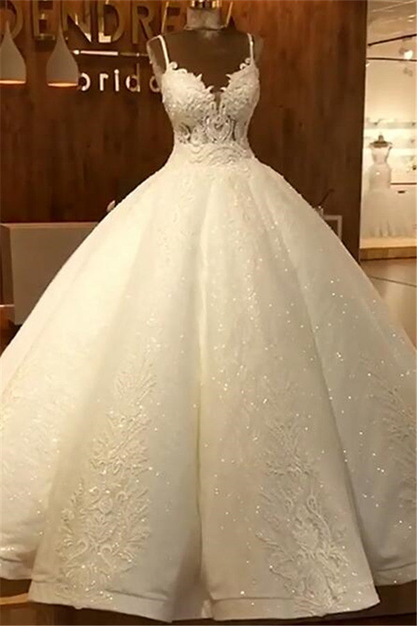 Elegant Spaghetti Straps Lace Wedding Dresses  | Sequins Sleeveless Bridal Ball Gown