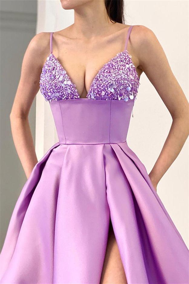 Elegant Spaghetti-Straps Split Sequins Evening Dresses