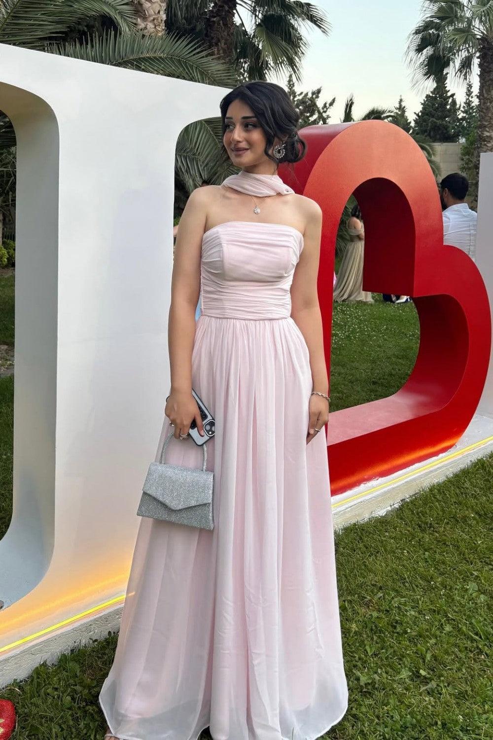 Suzhoufashion Elegant Strapless A-Line Chiffon Long Prom Dress With Scarf Detail Formal Evening Gown