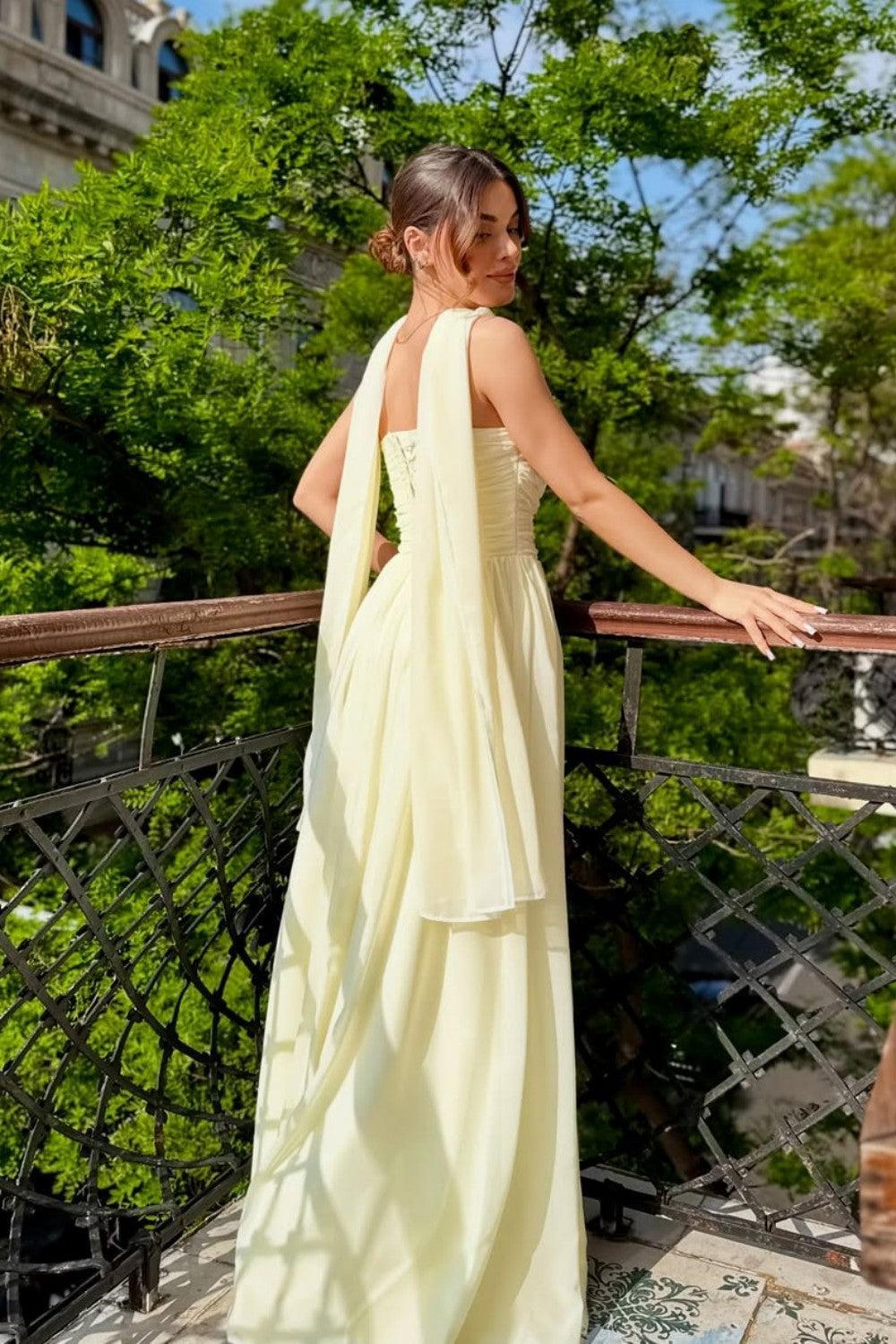 Suzhoufashion Elegant Strapless A-Line Chiffon Long Prom Dress With Scarf Detail Formal Evening Gown