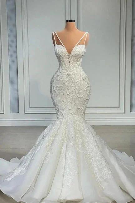 Elegant Strapless Sleeveless Mermaid Satin Floor-Length Wedding Dresses with Lace (ZD16407)