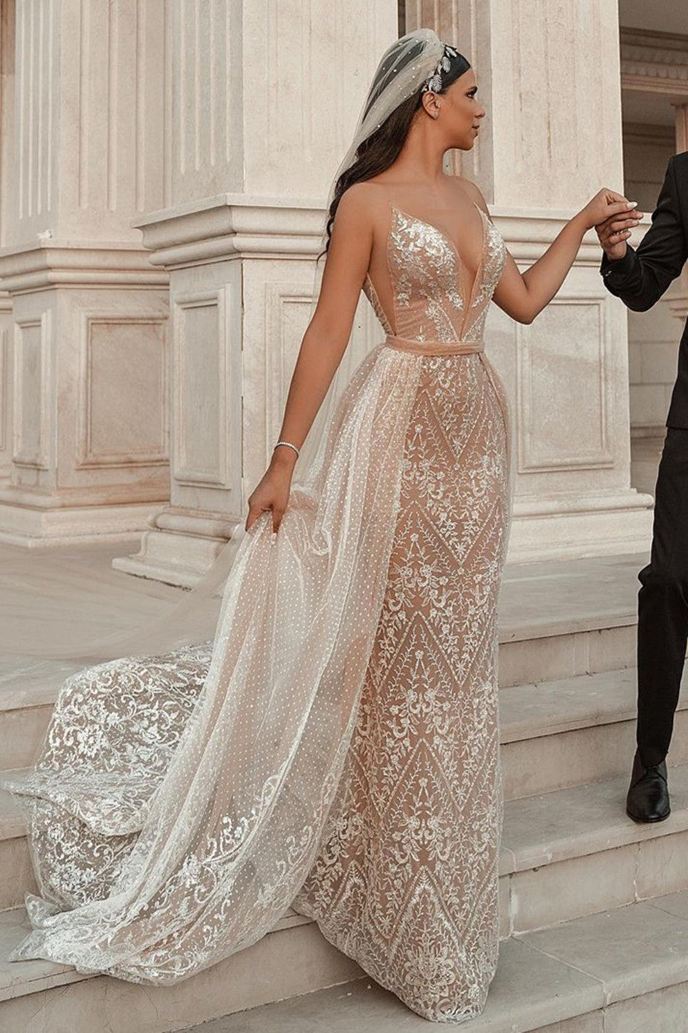 Elegant Strapless Tulle Nude Pink Sequins Beach Wedding Dresses With Detachable Skirt