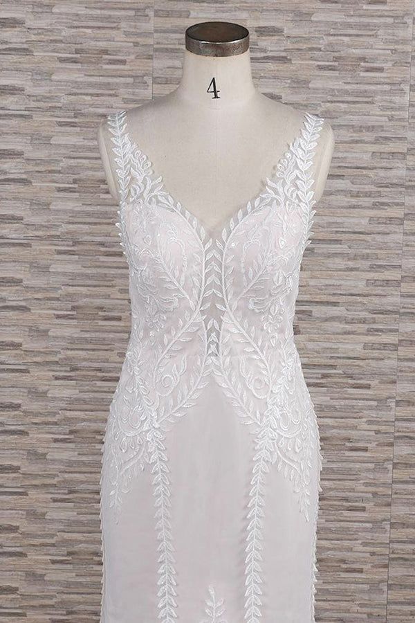 Elegant Straps A-line Lace Wedding Dress | White Mermaid V-neck Bridal Gowns