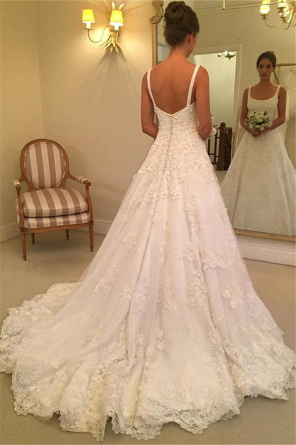 Elegant Straps A-line Wedding Dresses  | Lace Appliques Open Back Bridal Gowns with Buttons