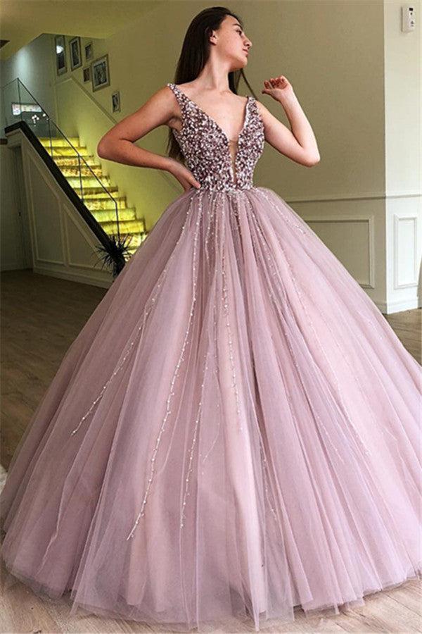 Elegant Straps Sleeveless Ball Gown Evening Dress | Floor-Length  Beading Tulle Prom Dresses