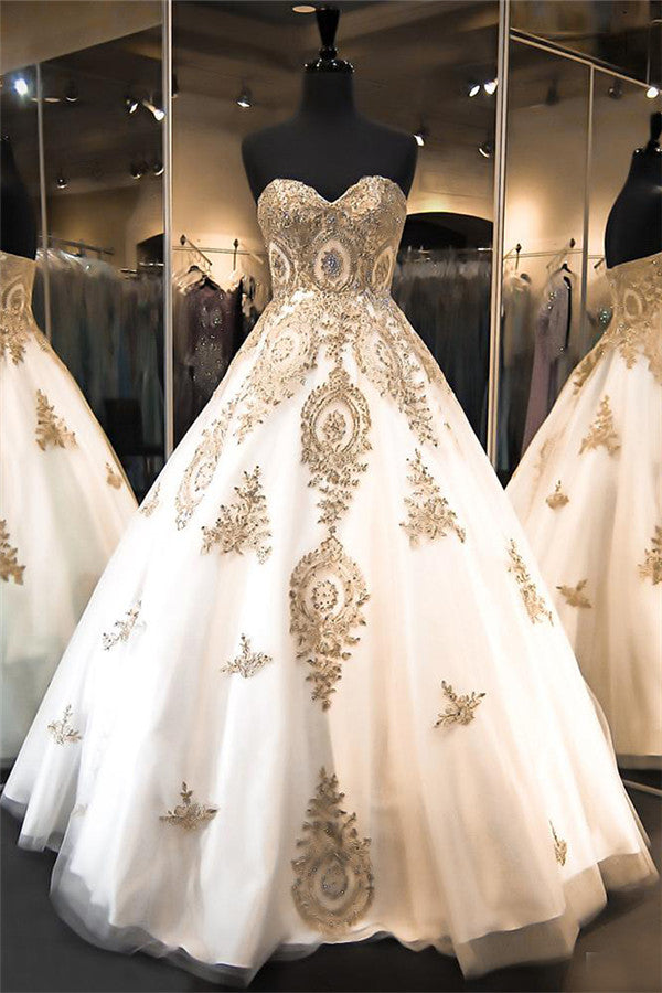 Elegant Sweetheart Gold Lace Wedding Dresses  Sparkly Ball Gown Bridal Dress BA2175