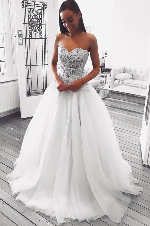 Elegant Sweetheart Lace Wedding Dresses |  White Tulle Bridal Gowns