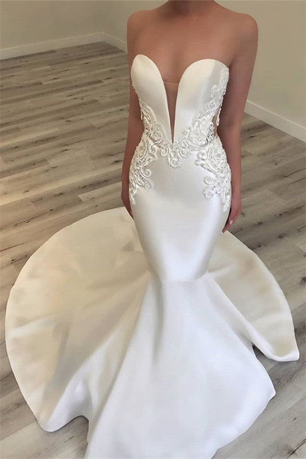 Elegant Sweetheart Mermaid Satin Bridal Gowns | Sexy Lace Open Back Wedding Dresses  BC0628