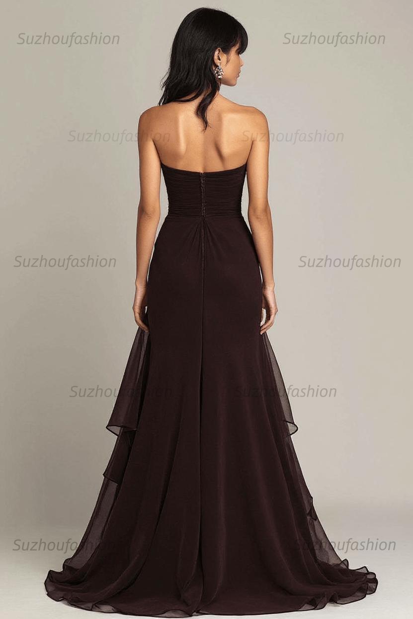Elegant Sweetheart Ruched Dark Brown Long Formal Dress With Ruffles