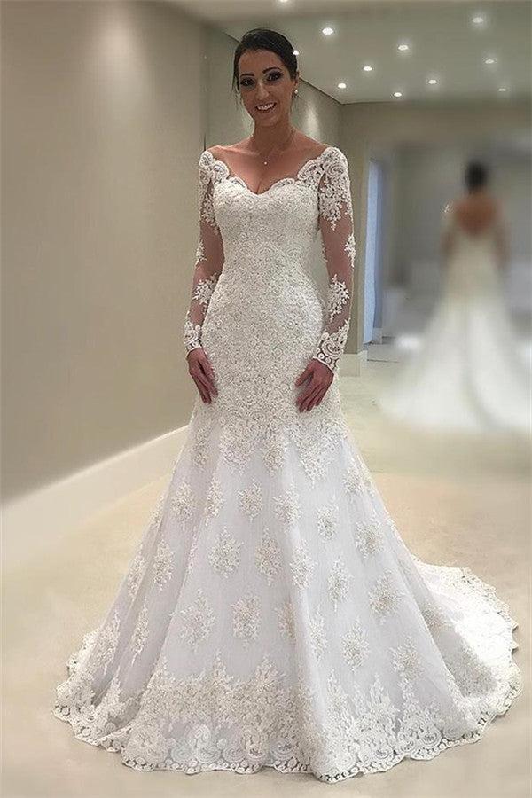 Elegant Tulle Long Sleeves Wedding Dresses  | V-Neck Mermaid Appliques Bridal Gown