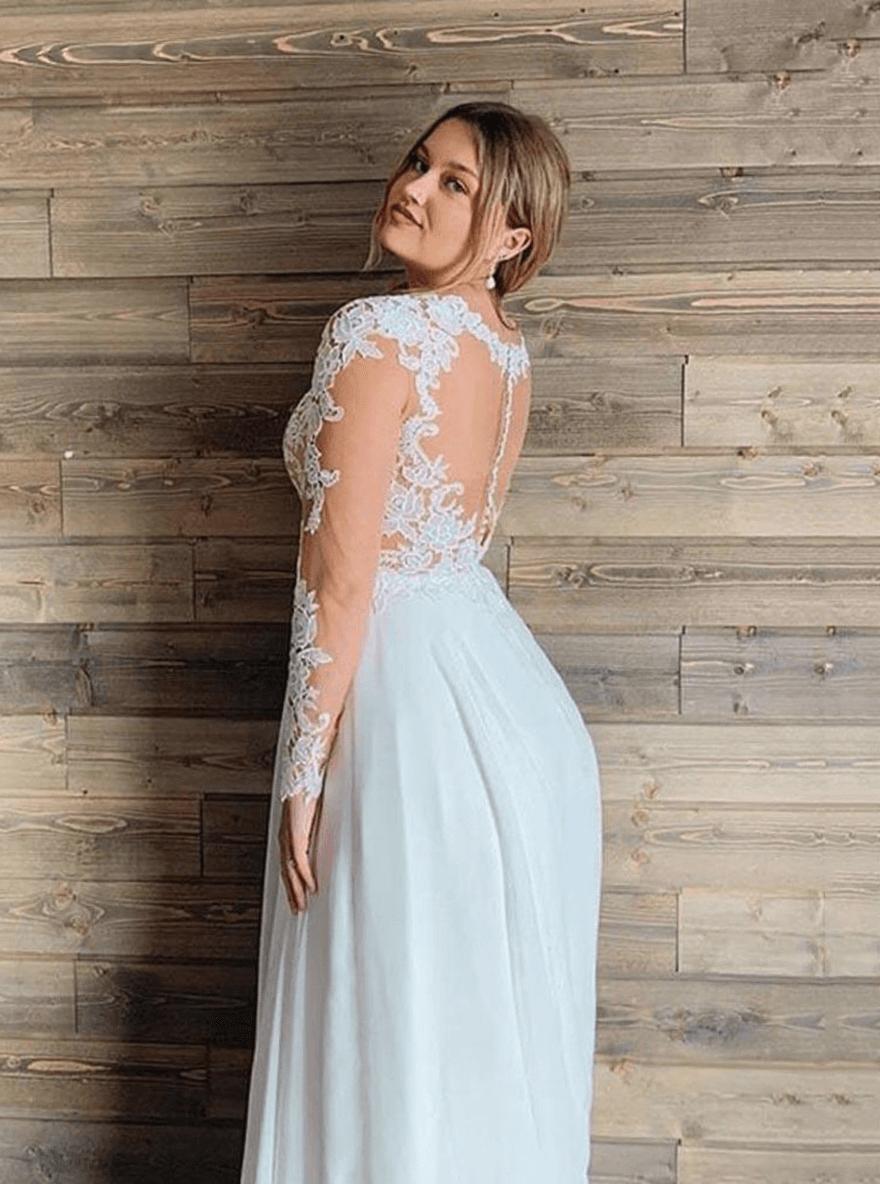 Elegant Tulle See-Through Lace Beach Wedding Dresses With Long Sleeves