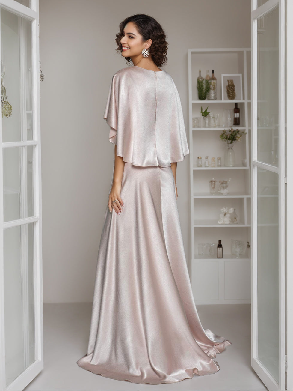 Elegant V Neck A Line Long Mother of the Bride Dress with Short Cape Sleeves and Ruffle