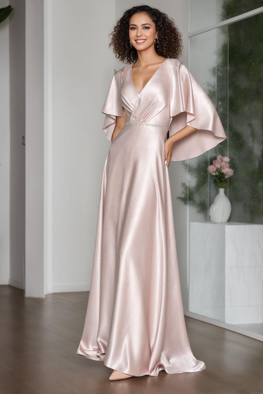Elegant V Neck A Line Long Mother of the Bride Dress with Short Cape Sleeves and Ruffle