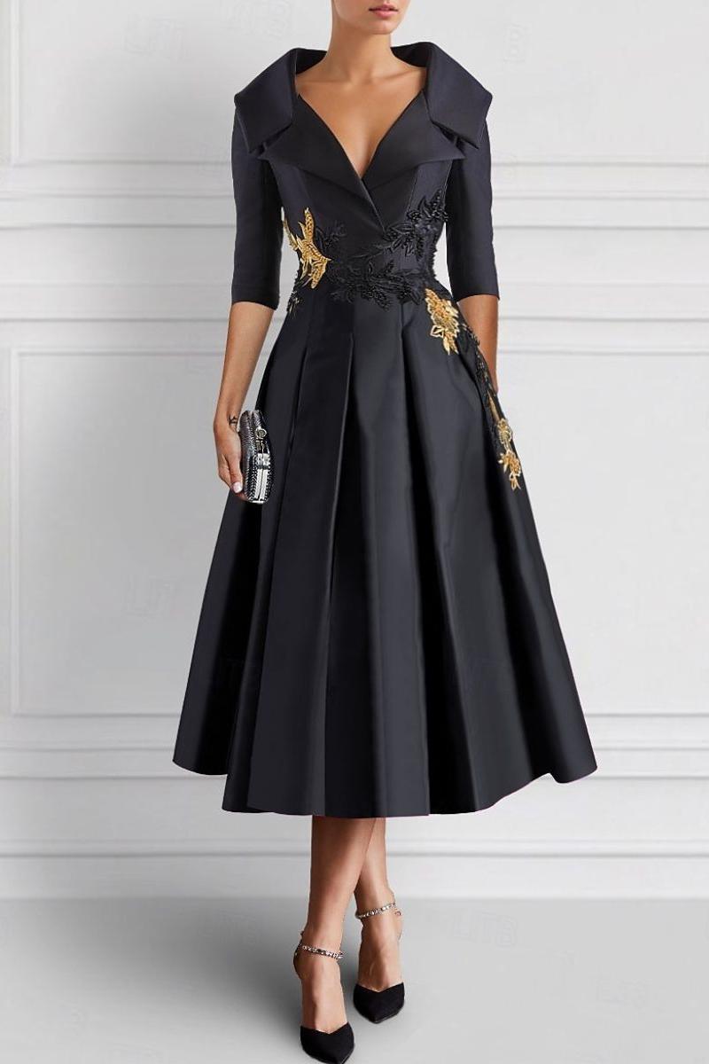 Elegant V Neck A Line Tea Length Mother of the Bride Dress with Appliques