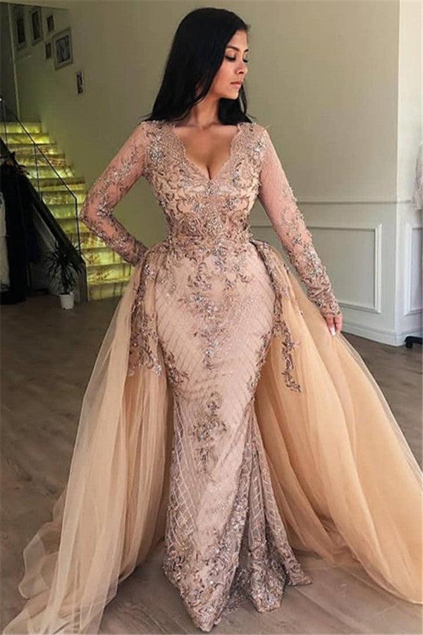 Elegant V-Neck Long Sleeves Tulle Evening Dresses | Sexy Mermaid Appliques Prom Dresses with Detachable Skirt BC0179