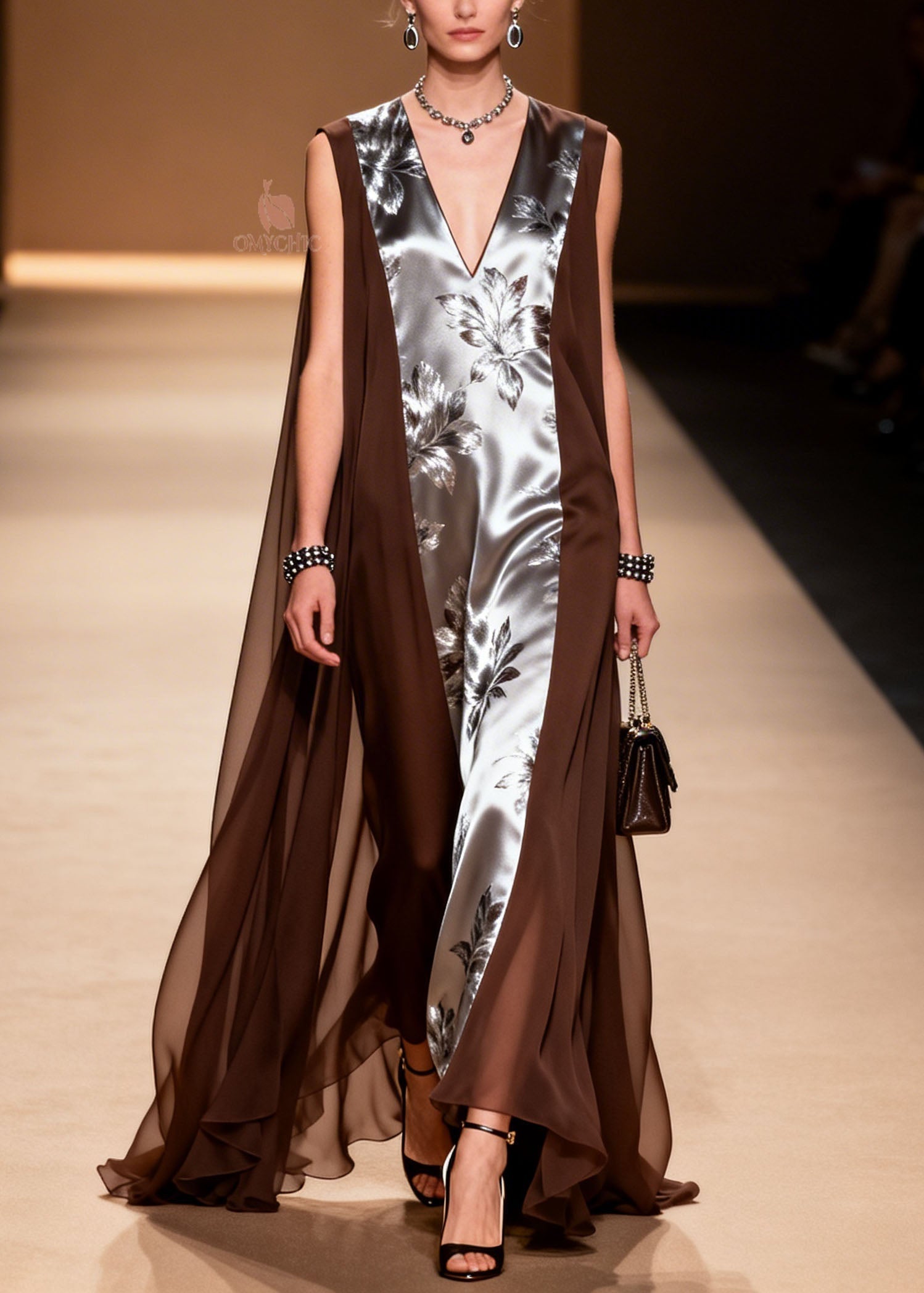 Elegant V Neck Print Patchwork Chiffon Dress Summer
