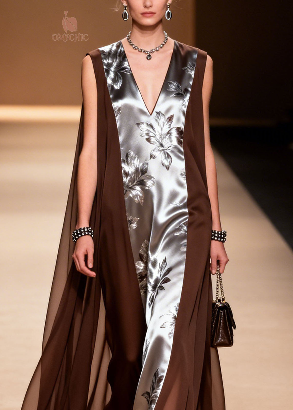 Elegant V Neck Print Patchwork Chiffon Dress Summer