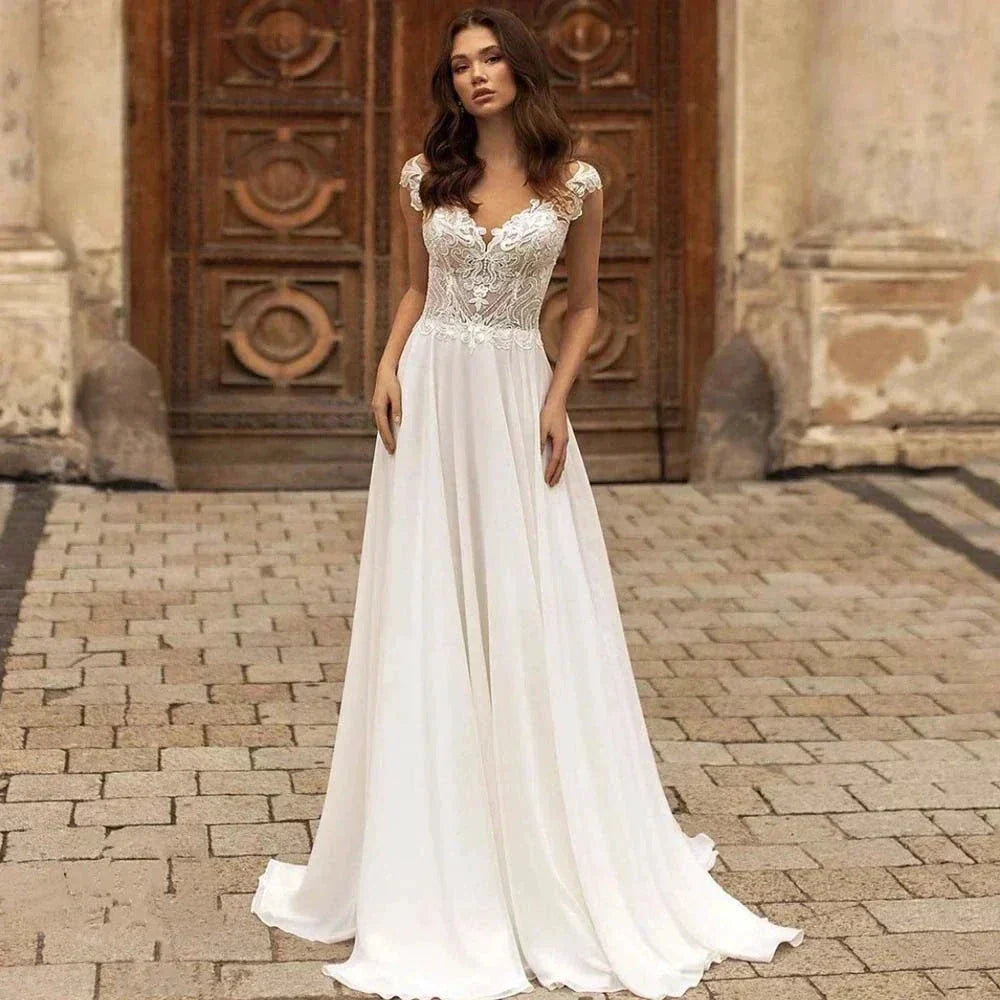 Elegant V-Neck Short Sleeve Ball Gown Mopping Wedding Dresses New Luxury Lace Appliques Court Train Princess Bridal Gown by payinti