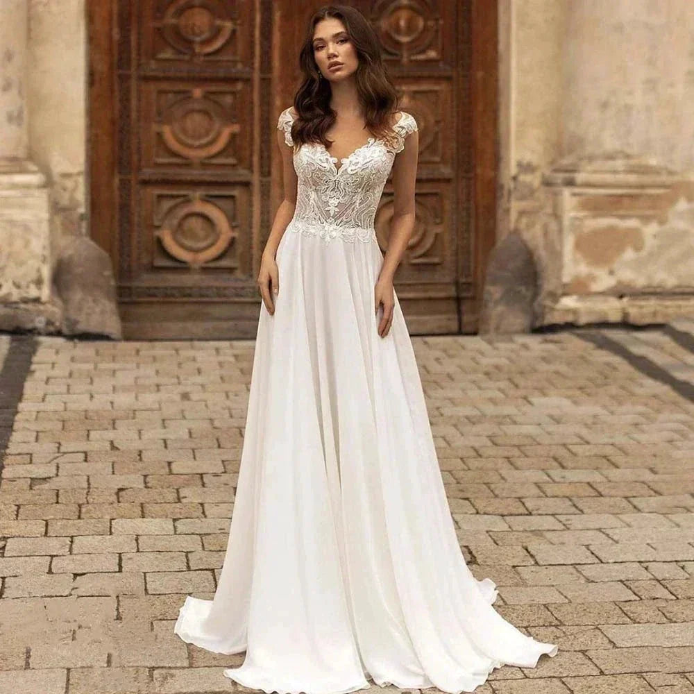Elegant V-Neck Short Sleeve Ball Gown Mopping Wedding Dresses New Luxury Lace Appliques Court Train Princess Bridal Gown (ZD14224) - VelvetHem