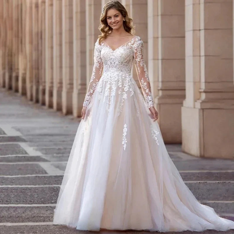 Elegant V-Neck Wedding Dresses Plus Size Lace Long Sleeve Women White Open Back Tulle Bridal Gown Sweep Train Vestidos De Novia by payinti