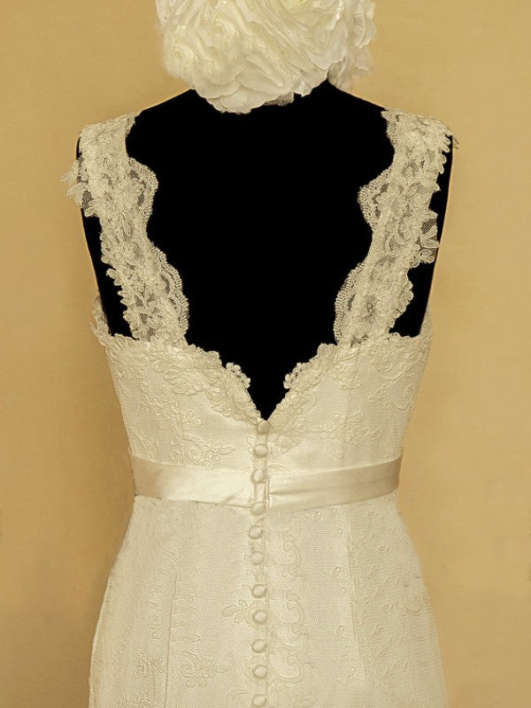 Elegant V-neck Lace Wedding Dress Mermaid Long Train Bridal Gowns with Beading Sash