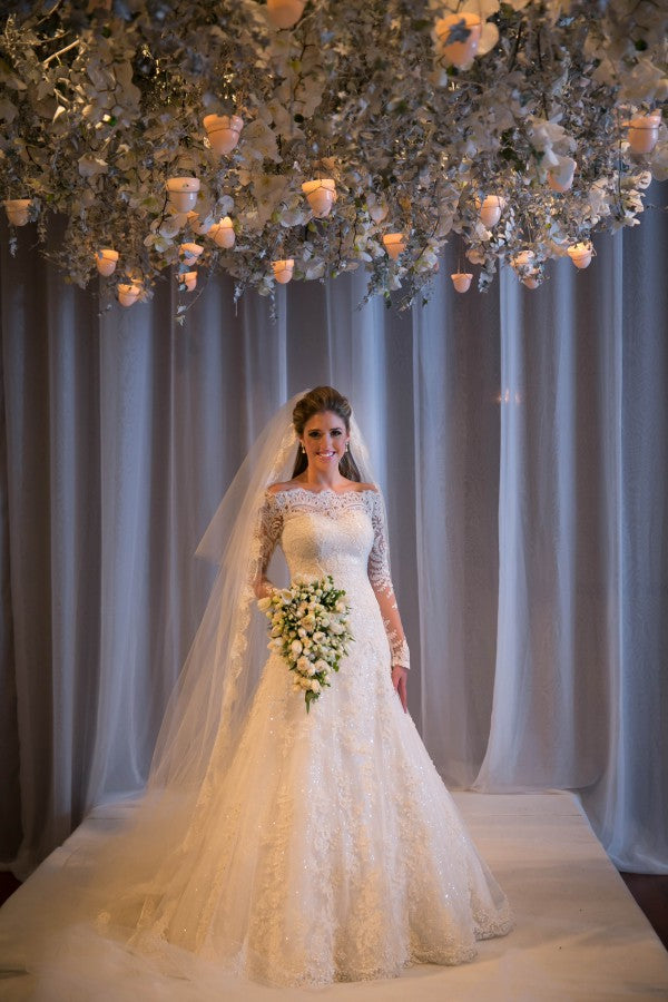 Elegant Wedding Dress long Sleeve Sweep Train Zipper Back Vestidos De Noiva Applique White Lace Wedding Dress