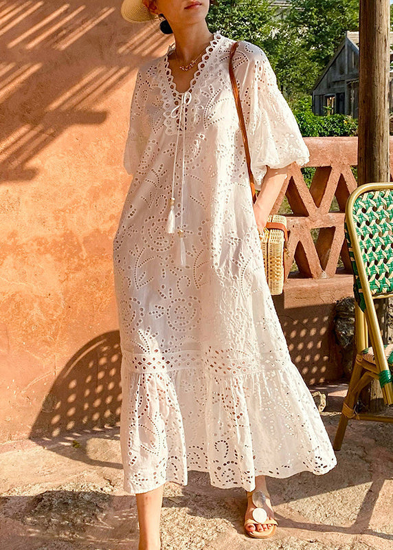 Elegant White Embroidered Hollow Out Pockets Cotton Long Dress Puff Sleeve