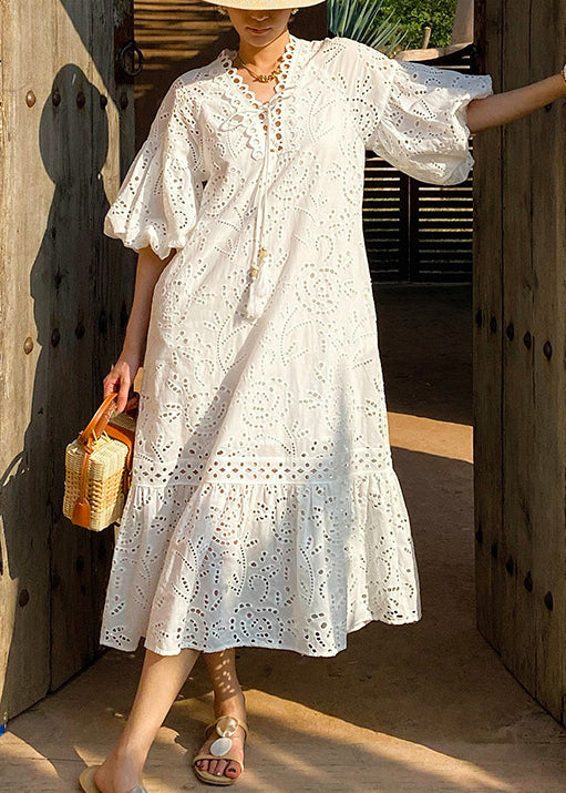 Elegant White Embroidered Hollow Out Pockets Cotton Long Dress Puff Sleeve