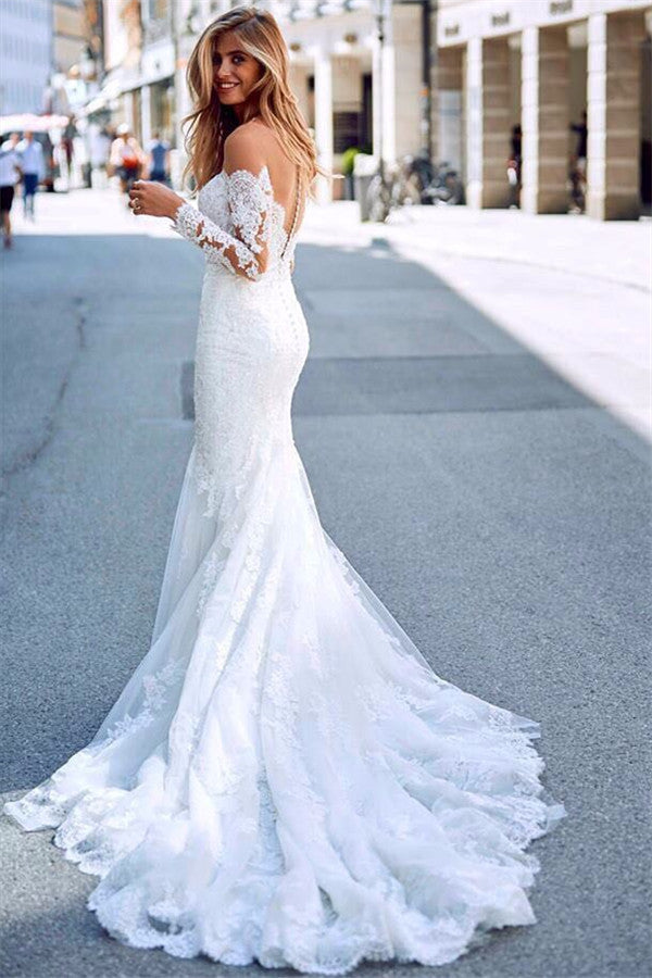 Elegant White Long Sleeves Lace Appliques Prom Dresses | Mermaid Sweep Train  Bridal Gown