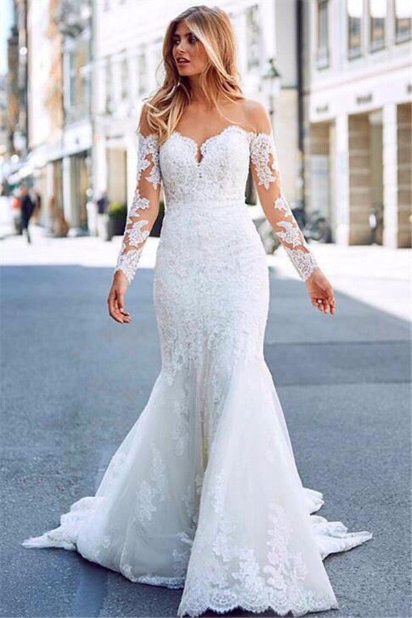 Elegant White Long Sleeves Lace Appliques Prom Dresses | Mermaid Sweep Train  Bridal Gown