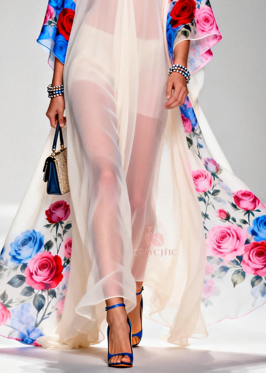 Elegant White Oversized Print Sheer Chiffon Maxi Dresses Summer