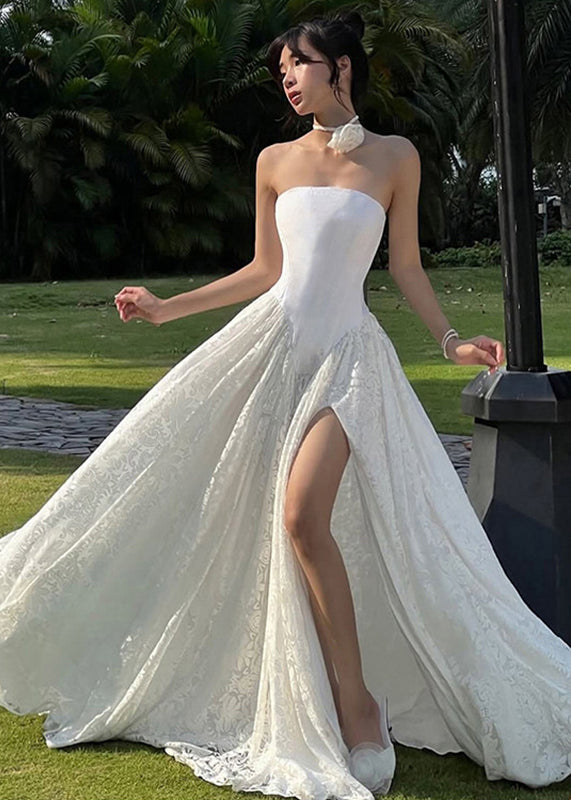 Elegant White Patchwork Side Open Long Dress Cold Shoulder Sleeveless