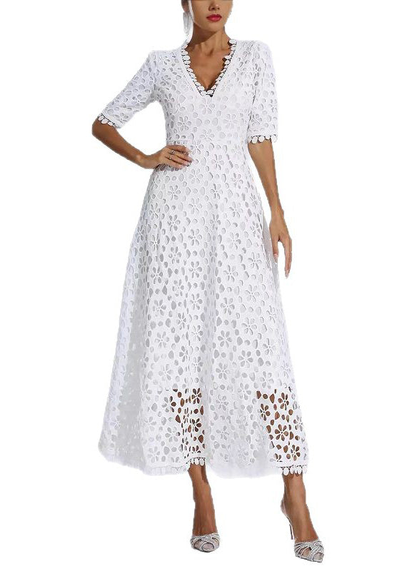 Elegant White V Neck Hollow Out Lace Dress Summer