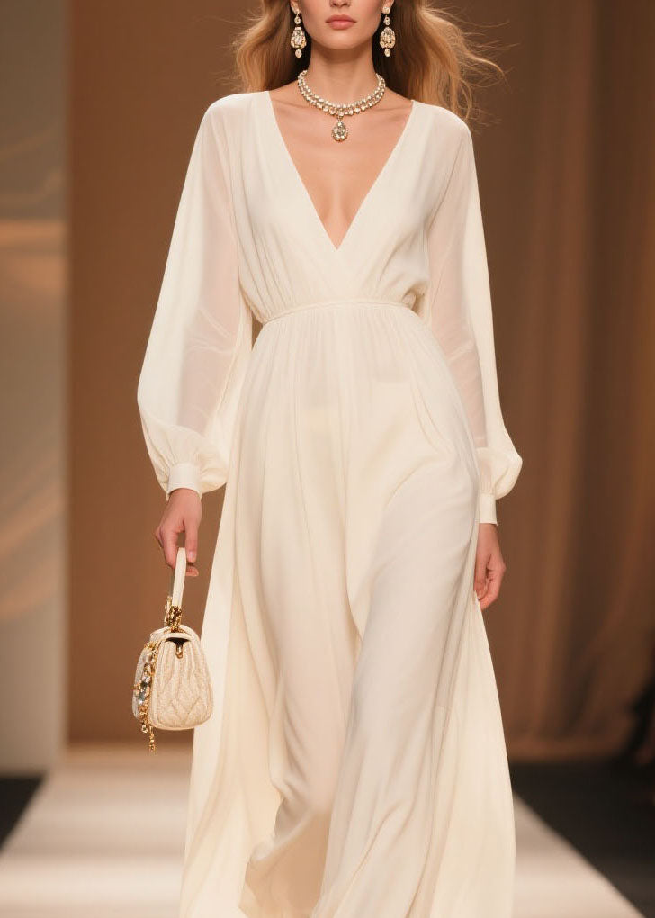 Elegant White V Neck Patchwork Chiffon Dress Spring
