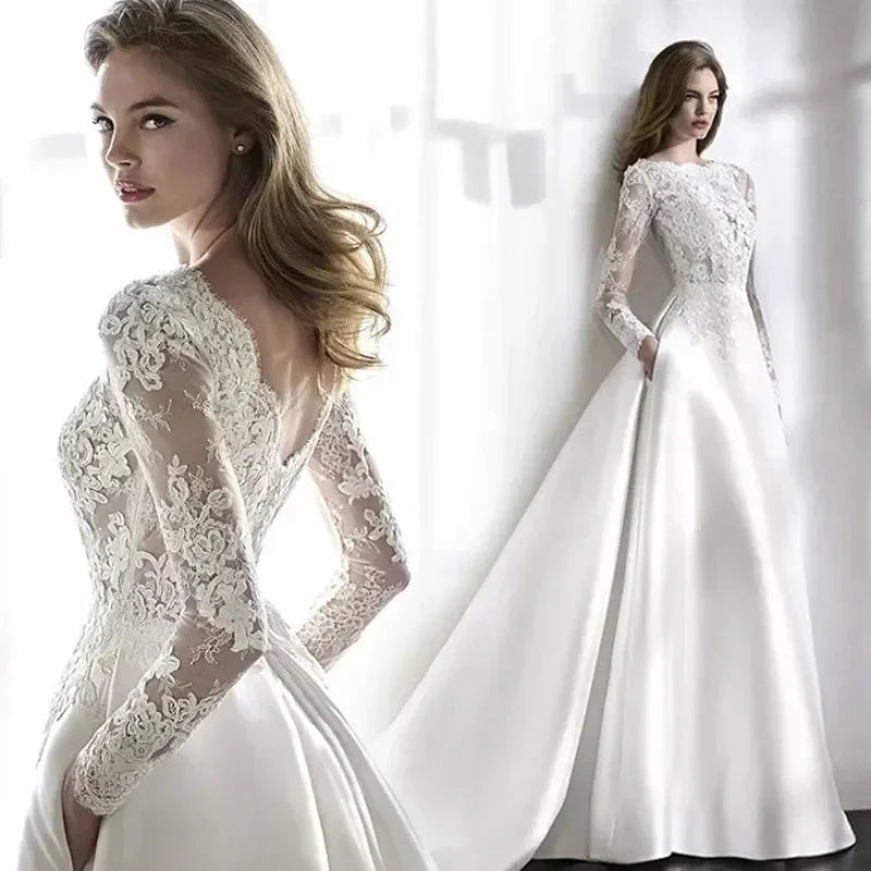 Elegant White Wedding Dress Italian Vintage Backless Applique Lace Long Sleeve Pocket Floor-Length Bridal Gown Vestidos De Novia (ZD14214) - VelvetHem