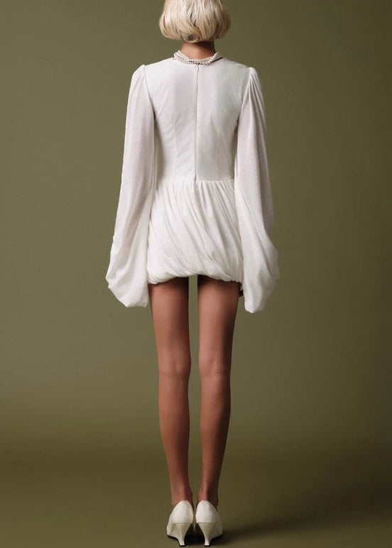Elegant White Wrinkled Solid Cotton Mini Dresses Lantern Sleeve