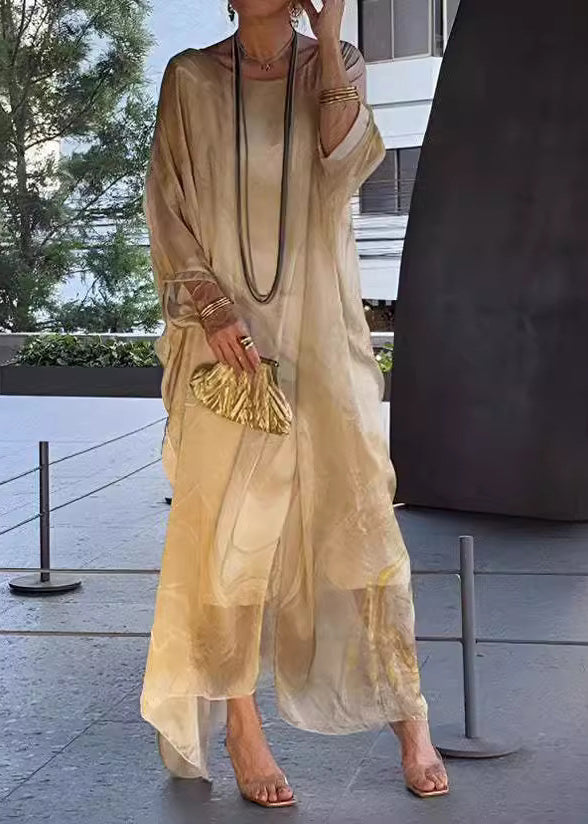 Elegant Yellow O Neck Print Chiffon Long Dress Summer