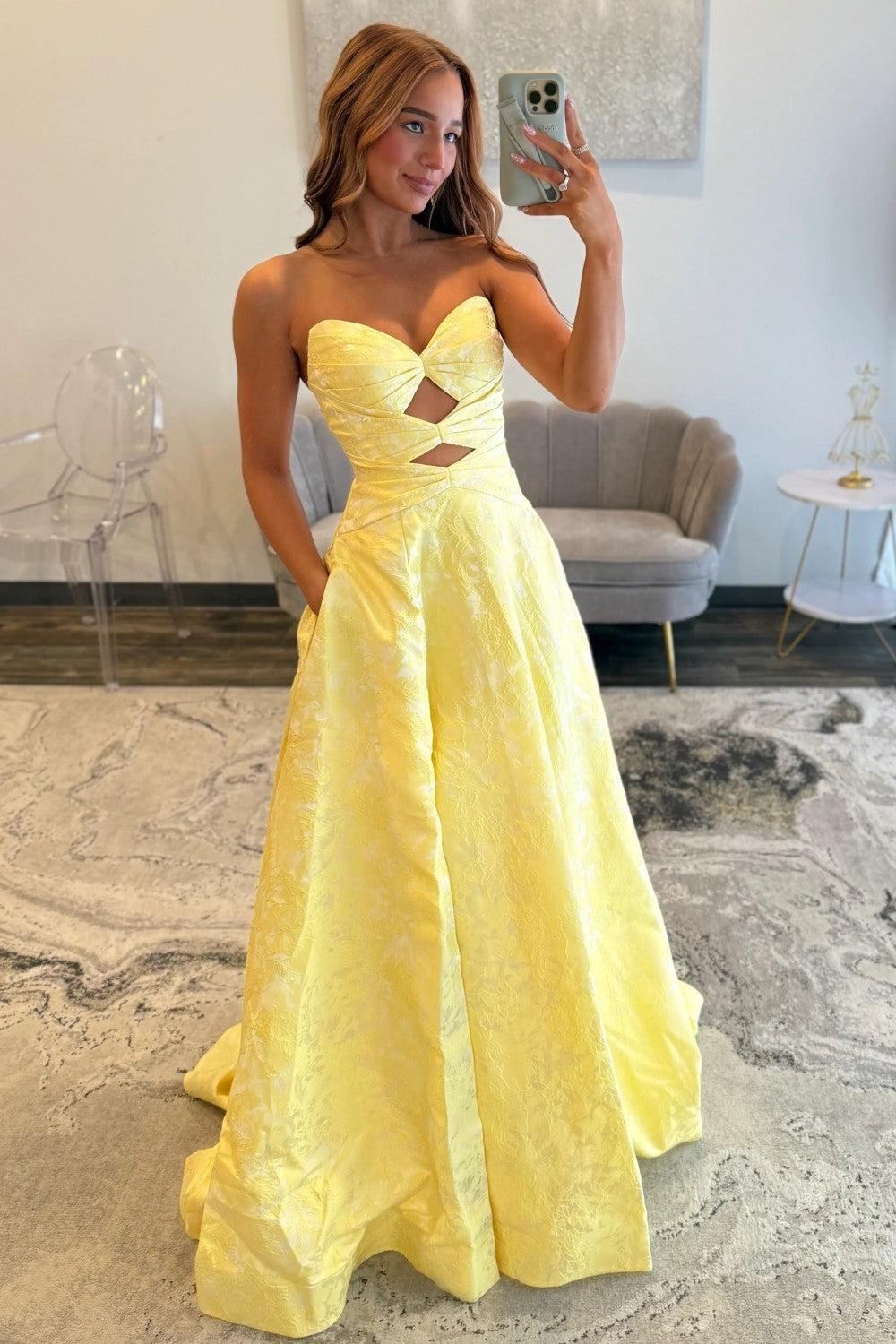 Yellow Sweetheart Jacquard Prom Dress With Front Cutout Detail Formal Evening Gown